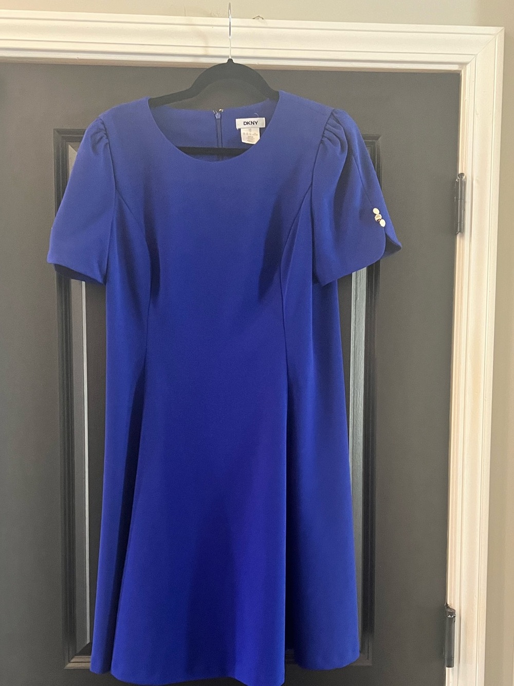 DKNY Cobalt Royal Blue A-Line Dress Gold Button Sleeve Size 12